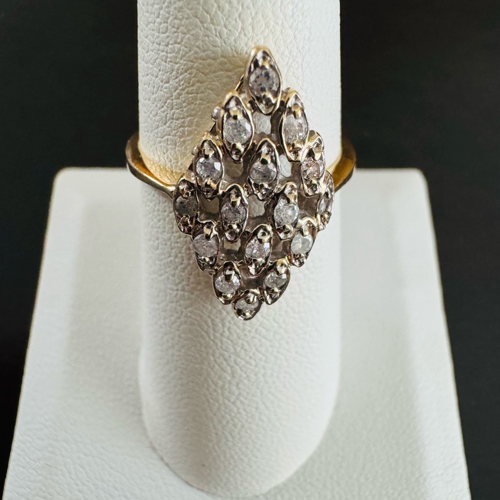 14K Yellow Gold Vintage Marquise Diamond Cluster Ring Navette Statement size 7